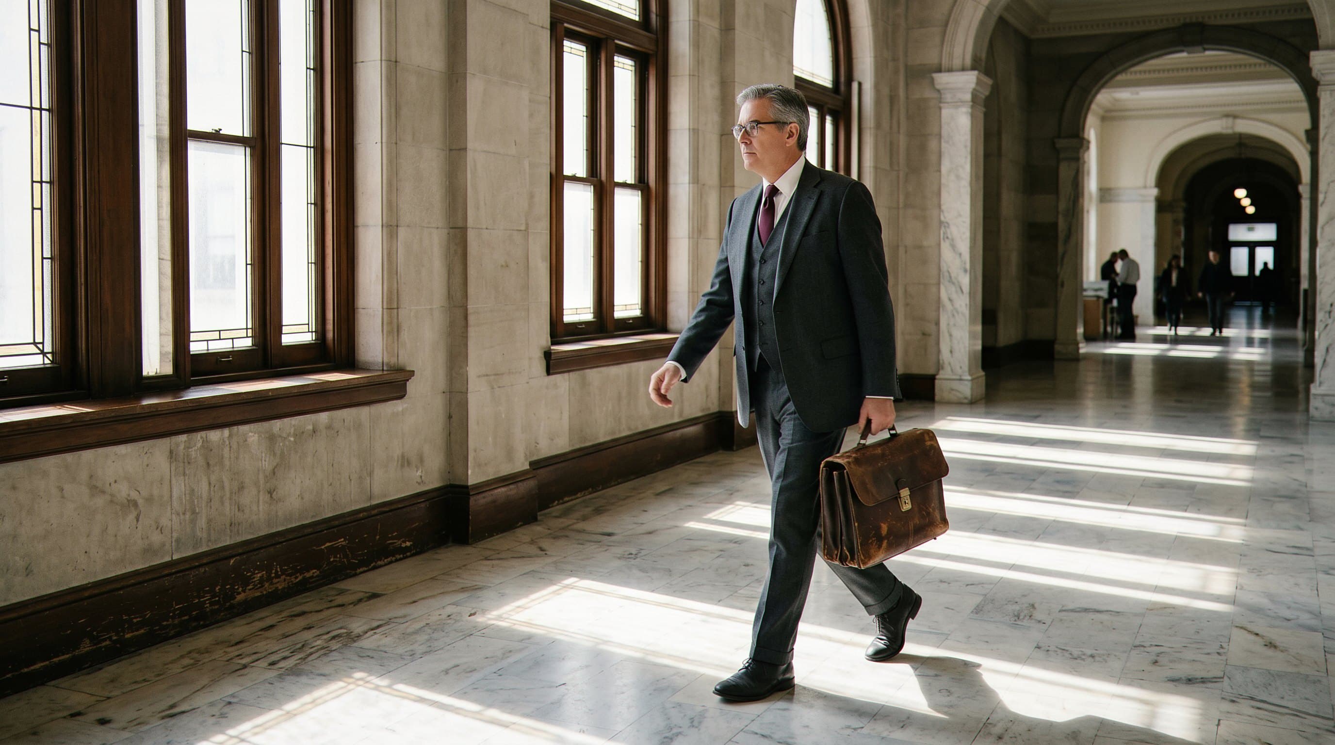 Attorney confidently walking through courthouse